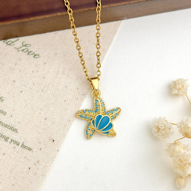 Ocean Style Starfish Scallop Copper Plated 18K Gold Necklace turquoise necklace