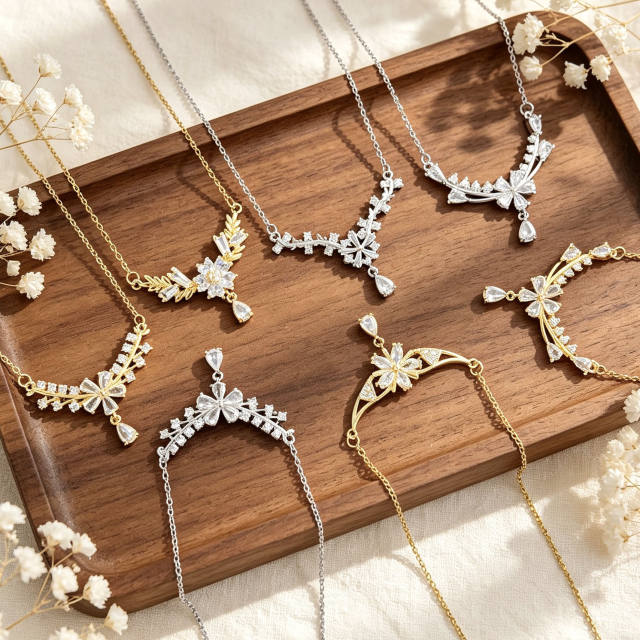 Elegant cubic zircon flower stainless steel chain necklace diamond necklace