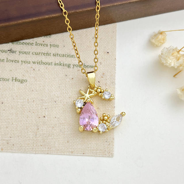 Delicate colorful crystal inlaid moon pendant stainless steel chain necklace