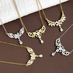 Elegant cubic zircon flower stainless steel chain necklace diamond necklace