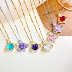 Hot sale colorful crystal heart pendant stainless steel chain necklace