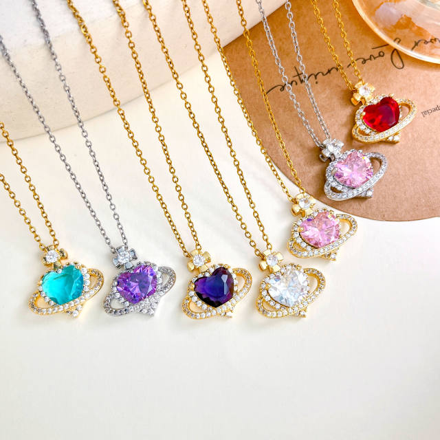 Hot sale colorful crystal heart pendant stainless steel chain necklace