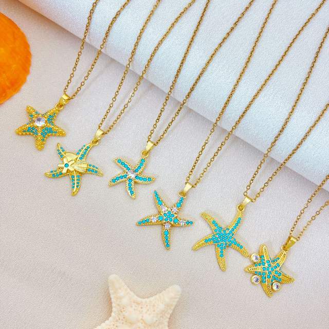Ocean Style Starfish Scallop Copper Plated 18K Gold Necklace turquoise necklace
