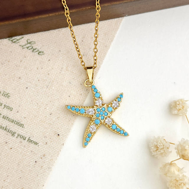 Ocean Style Starfish Scallop Copper Plated 18K Gold Necklace turquoise necklace