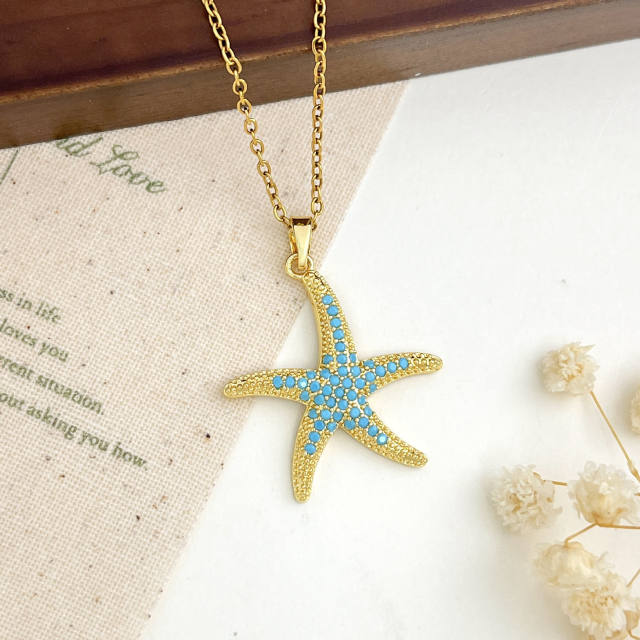 Ocean Style Starfish Scallop Copper Plated 18K Gold Necklace turquoise necklace