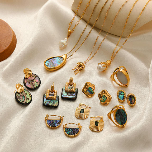 18K gold natural pearl shell abalone necklace ring vintage pendant ring earrings jewelry