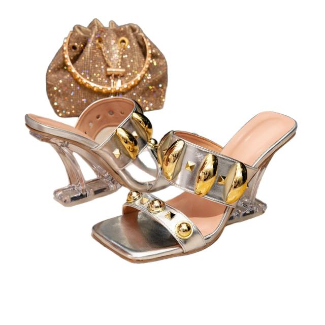 Silver High-Heeled Sandals for Women New Style Metal Buckle  Open-Toe Slip-On Women's Sandals