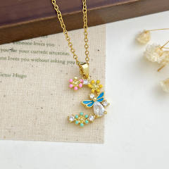 Delicate colorful crystal inlaid moon pendant stainless steel chain necklace