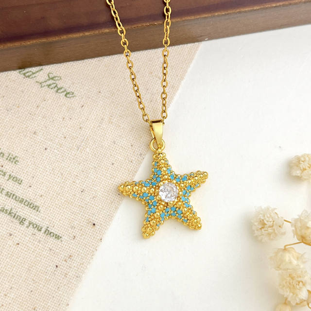 Ocean Style Starfish Scallop Copper Plated 18K Gold Necklace turquoise necklace