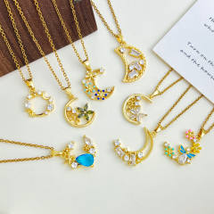 Delicate colorful crystal inlaid moon pendant stainless steel chain necklace