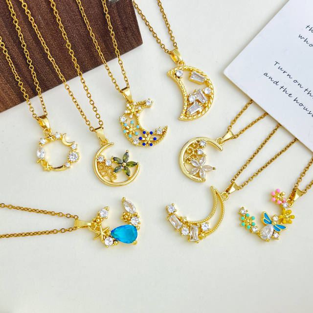 Delicate colorful crystal inlaid moon pendant stainless steel chain necklace