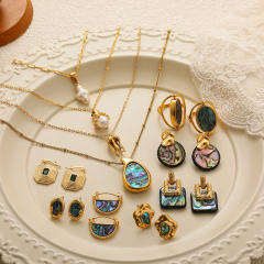 18K gold natural pearl shell abalone necklace ring vintage pendant ring earrings jewelry