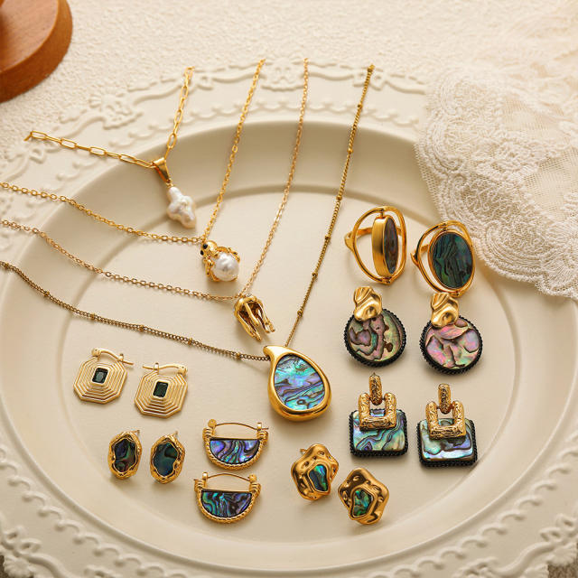 18K gold natural pearl shell abalone necklace ring vintage pendant ring earrings jewelry