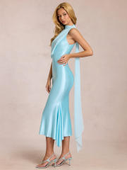 2026 One-Shoulder Halter Satin Dress with Ribbon Waist-Cinching