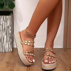 2026 New Model Studded Gold Braided Thick-Soled Slippers Summer Slippers