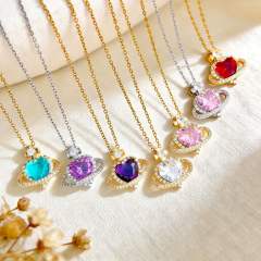 Hot sale colorful crystal heart pendant stainless steel chain necklace