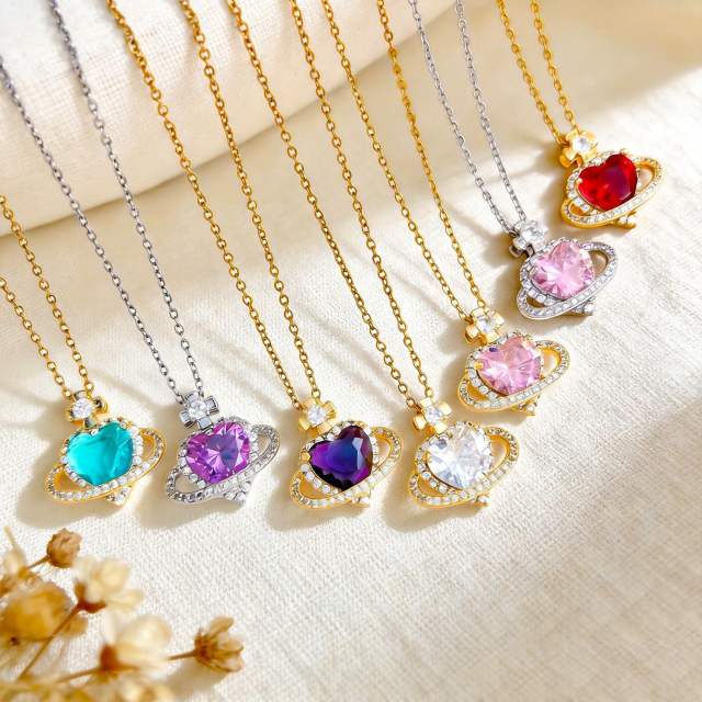 Hot sale colorful crystal heart pendant stainless steel chain necklace