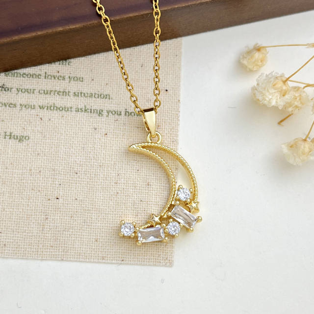 Delicate colorful crystal inlaid moon pendant stainless steel chain necklace