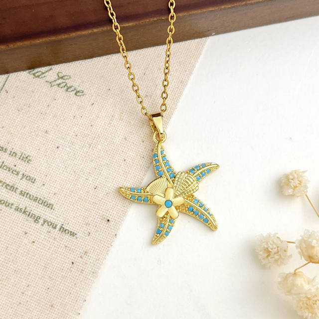 Ocean Style Starfish Scallop Copper Plated 18K Gold Necklace turquoise necklace