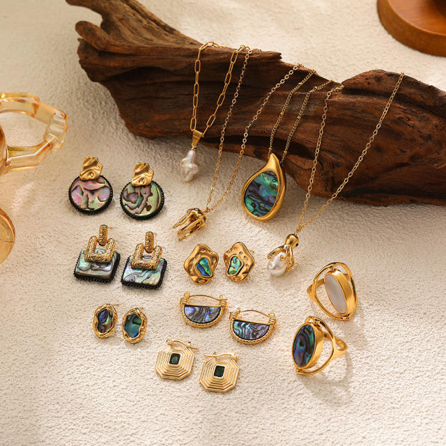 18K gold natural pearl shell abalone necklace ring vintage pendant ring earrings jewelry