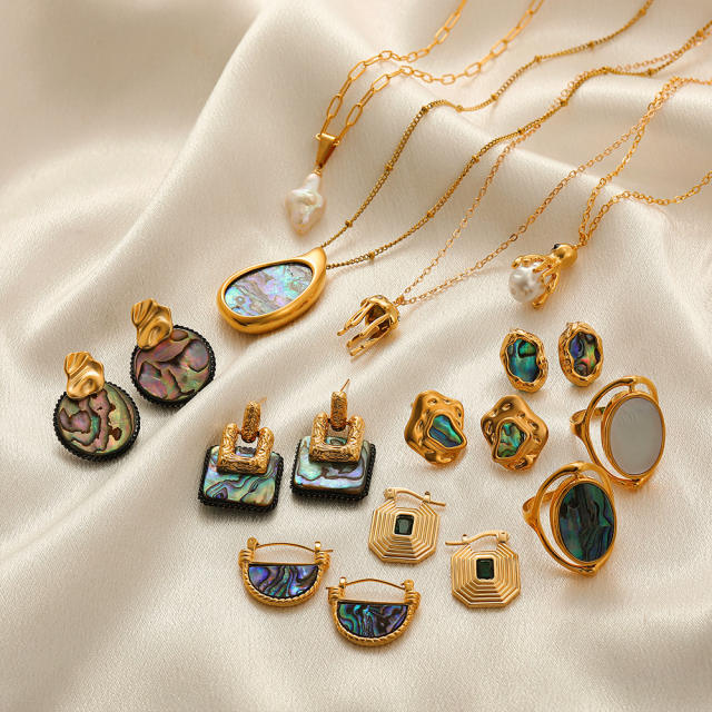 18K gold natural pearl shell abalone necklace ring vintage pendant ring earrings jewelry