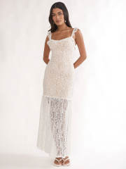 Moonlight Venus Solid Color Heavy Lace Square Neck Women's Long Dress