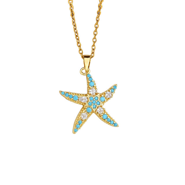 Ocean Style Starfish Scallop Copper Plated 18K Gold Necklace turquoise necklace