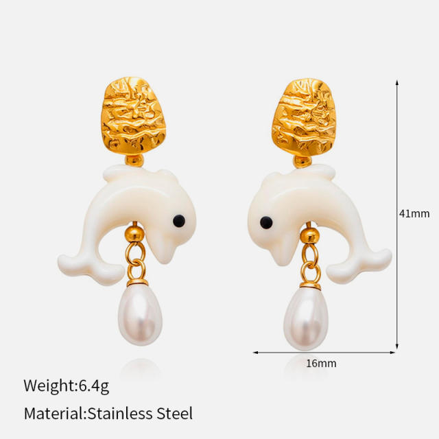 Vintage Gold Flower Earrings Versatile Dolphin Heart Pearl stainless steel earrings