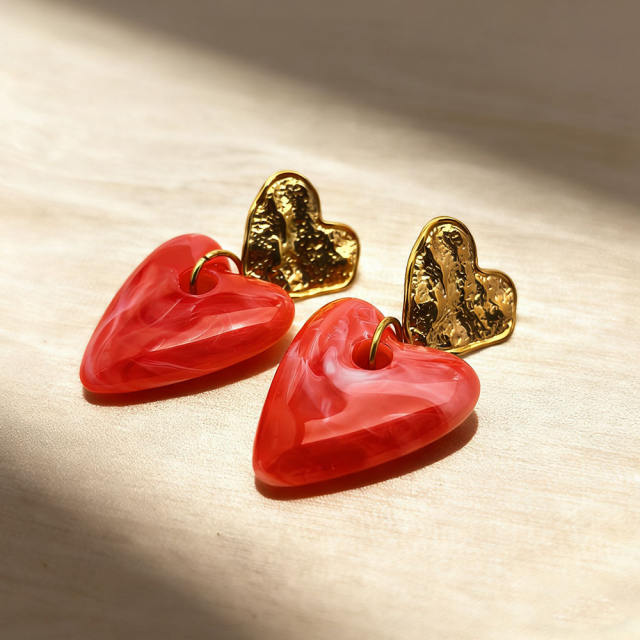 Vintage fold heart acrylic heart stainless steel earrings