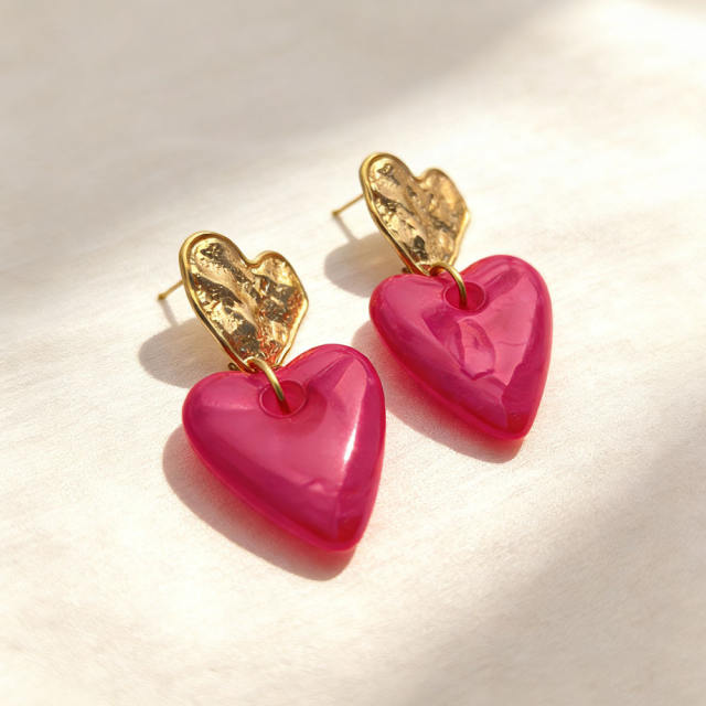 Vintage fold heart acrylic heart stainless steel earrings