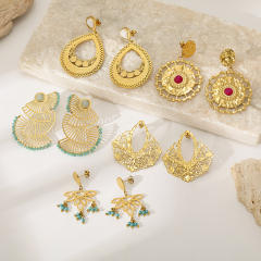 Popular Ethnic Style Gold Hollow Earrings Bohemian Fan-Shaped Turquoise Earrings stainless steel earrings