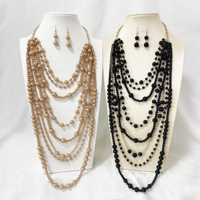 Color-Preserving Exaggerated Multi-Layer Pearl Necklace earrings set