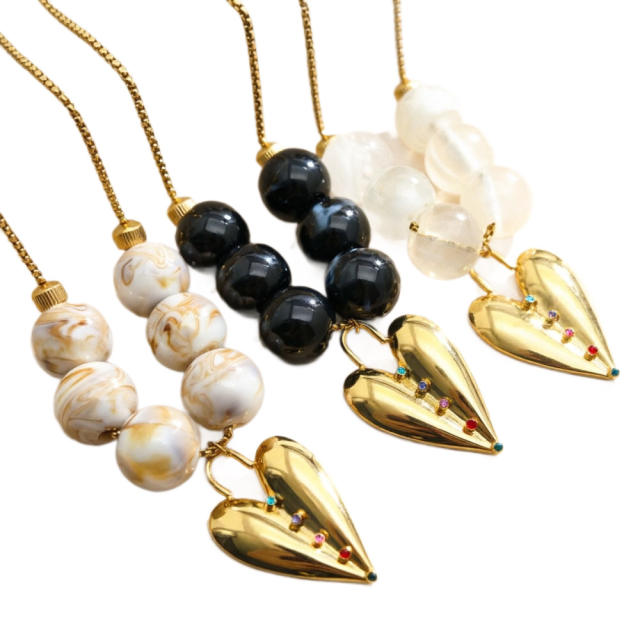 Colorful resin acrylic bead stainless steel heart pendant necklace for women