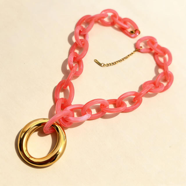 New Style Colorful Acrylic Resin Chain Geometric 304 Stainless Steel Pendant Necklace