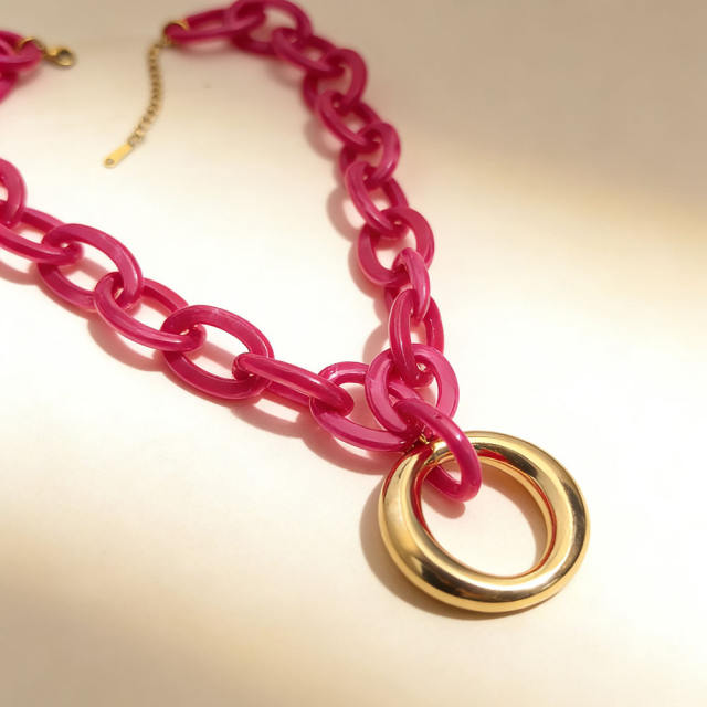 New Style Colorful Acrylic Resin Chain Geometric 304 Stainless Steel Pendant Necklace