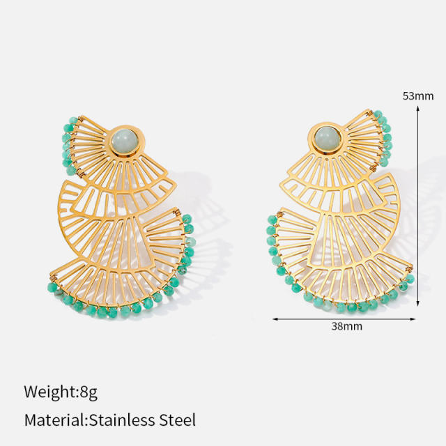 Popular Ethnic Style Gold Hollow Earrings Bohemian Fan-Shaped Turquoise Earrings stainless steel earrings