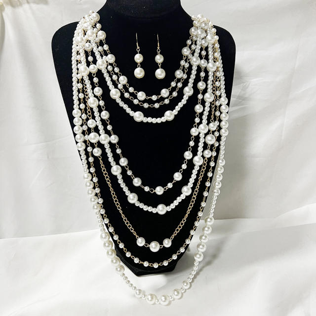 Color-Preserving Exaggerated Multi-Layer Pearl Necklace earrings set