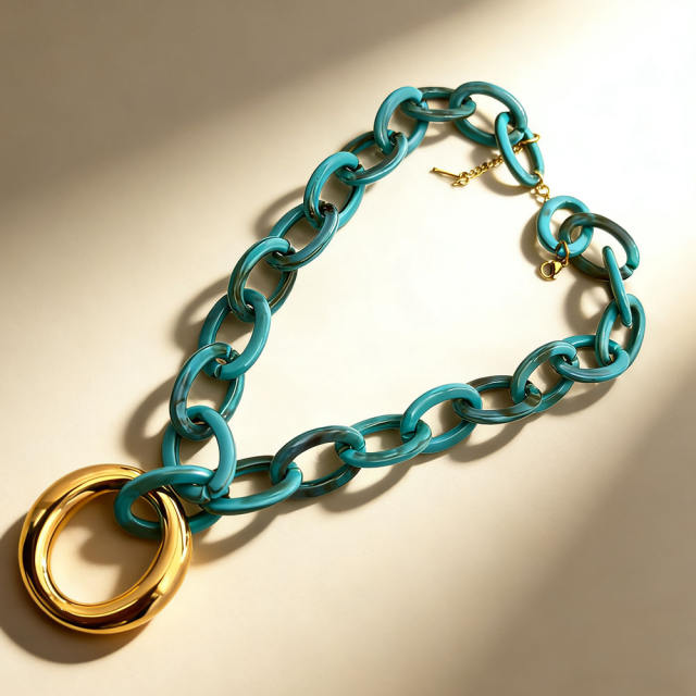 New Style Colorful Acrylic Resin Chain Geometric 304 Stainless Steel Pendant Necklace
