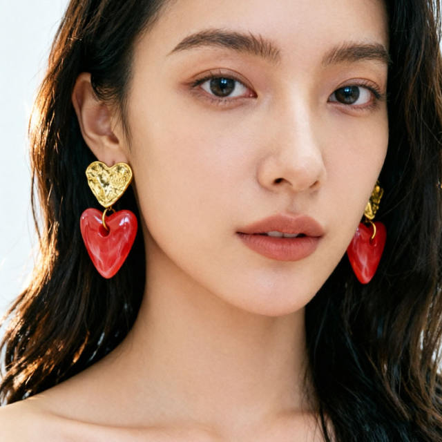 Vintage fold heart acrylic heart stainless steel earrings