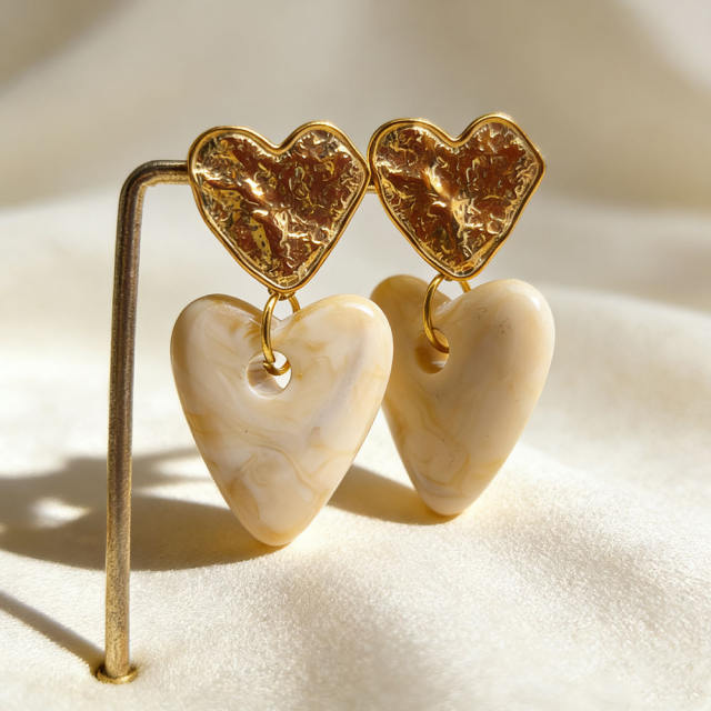 Vintage fold heart acrylic heart stainless steel earrings