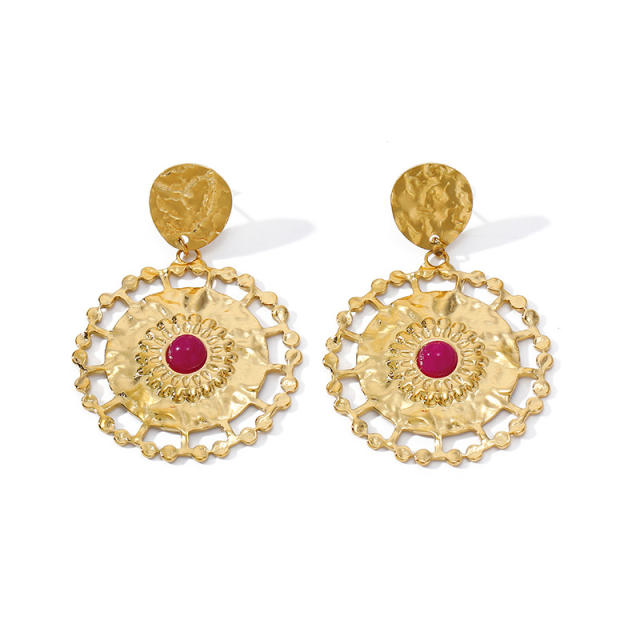Popular Ethnic Style Gold Hollow Earrings Bohemian Fan-Shaped Turquoise Earrings stainless steel earrings