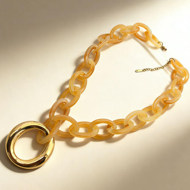 New Style Colorful Acrylic Resin Chain Geometric 304 Stainless Steel Pendant Necklace