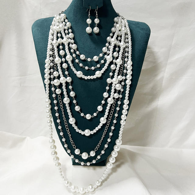 Color-Preserving Exaggerated Multi-Layer Pearl Necklace earrings set