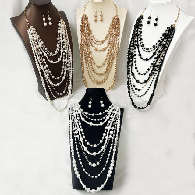 Color-Preserving Exaggerated Multi-Layer Pearl Necklace earrings set