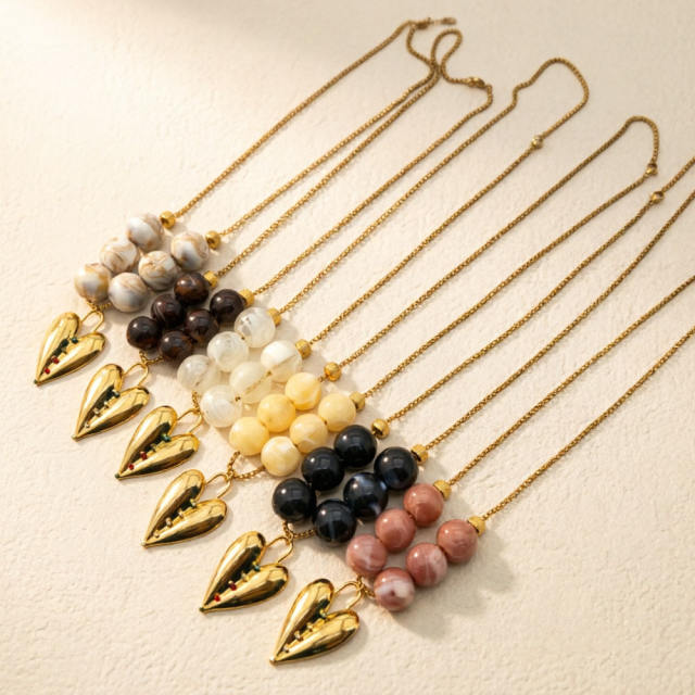 Colorful resin acrylic bead stainless steel heart pendant necklace for women