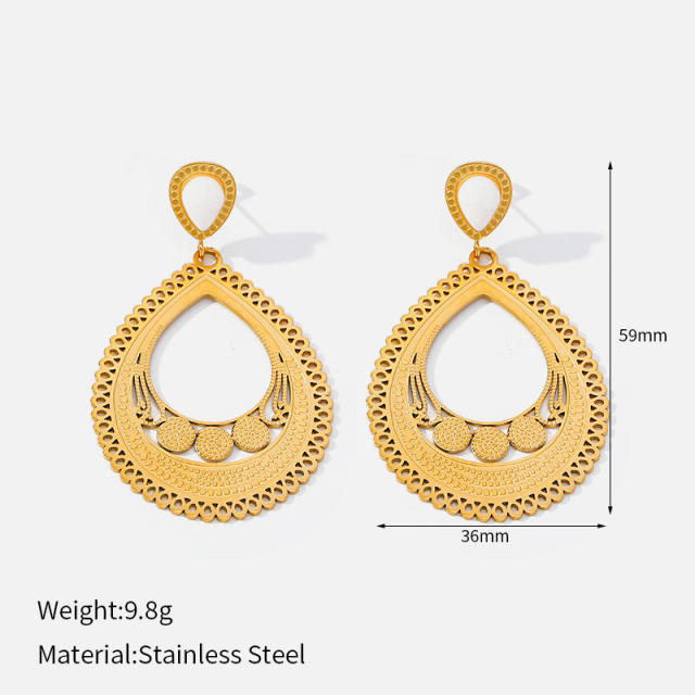 Popular Ethnic Style Gold Hollow Earrings Bohemian Fan-Shaped Turquoise Earrings stainless steel earrings