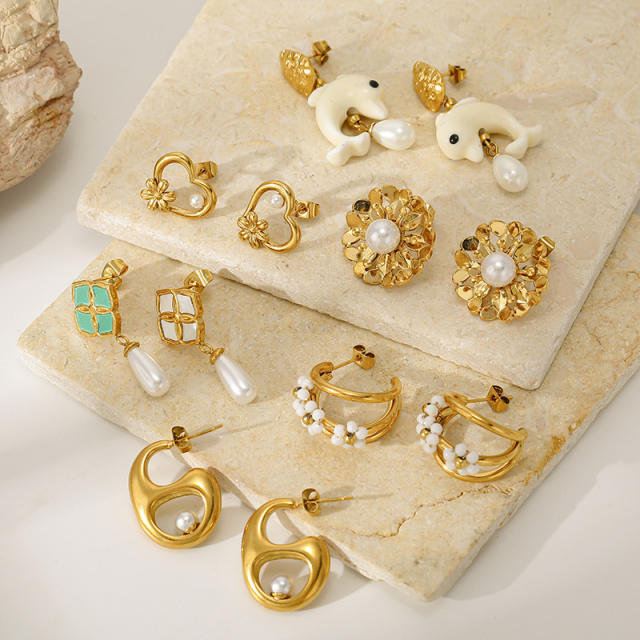 Vintage Gold Flower Earrings Versatile Dolphin Heart Pearl stainless steel earrings