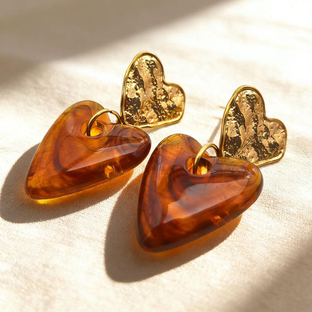 Vintage fold heart acrylic heart stainless steel earrings