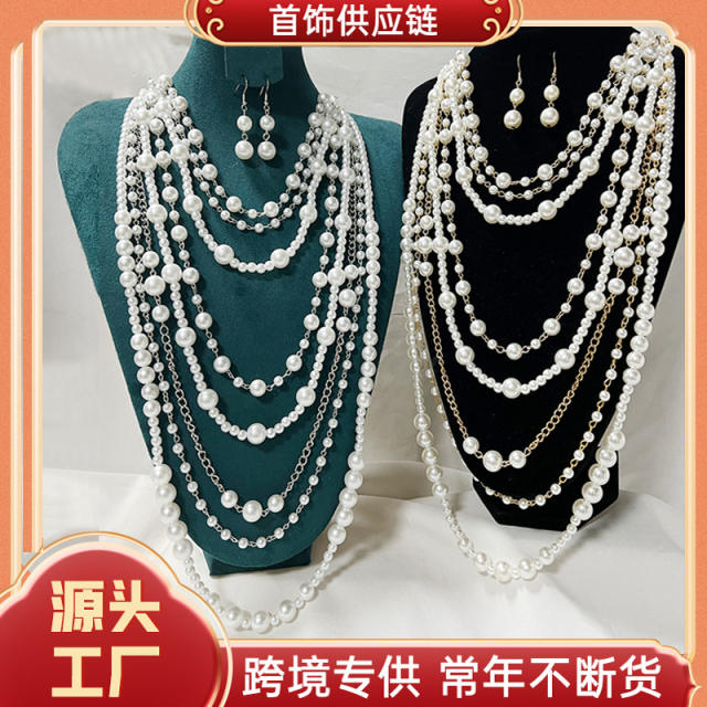 Color-Preserving Exaggerated Multi-Layer Pearl Necklace earrings set