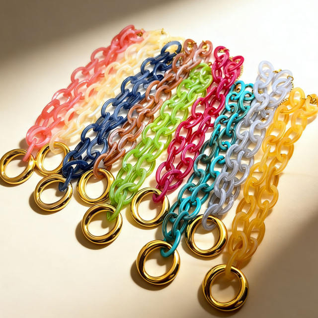 New Style Colorful Acrylic Resin Chain Geometric 304 Stainless Steel Pendant Necklace